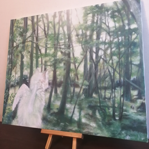 森林の中の白い猫天使の絵 油絵原画「White angel living in the 森林の中の白い猫天使の絵 油絵原画「White angel living in the