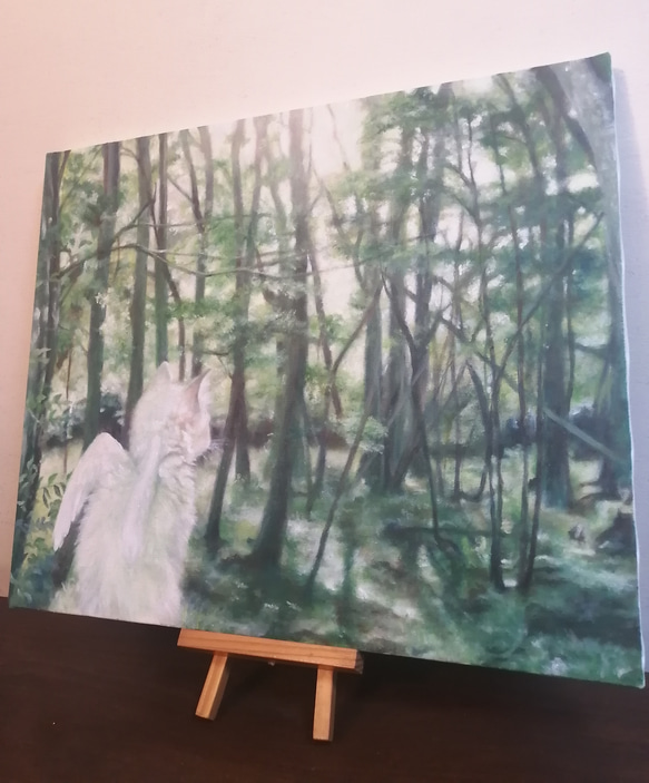 森林の中の白い猫天使の絵　油絵原画「White angel living in the forest」 2枚目の画像