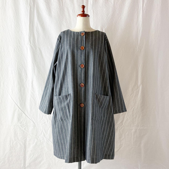 ポケット4個：木の実のコート（単衣）：97cm丈（ハンサムストライプ：グレー） 6枚目の画像