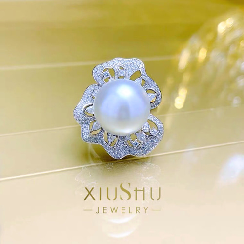 人工オーストラリア産白蝶真珠 大粒 フラワー 高炭素ダイヤモンド  