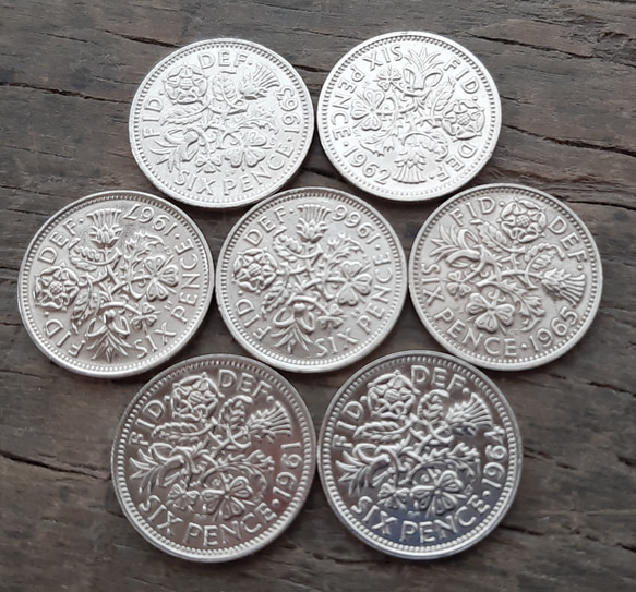 英国幸せのシックスペンス イギリス 7枚セットラッキー6ペンス コイン1961~67   本物古銭英国コイン  美品です 2枚目の画像