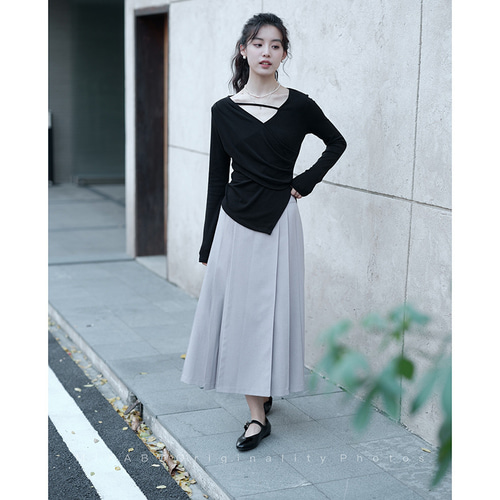 Vネック長袖Tシャツ クロス伸縮性ありTシャツ コットン混紡個性Tシャツ