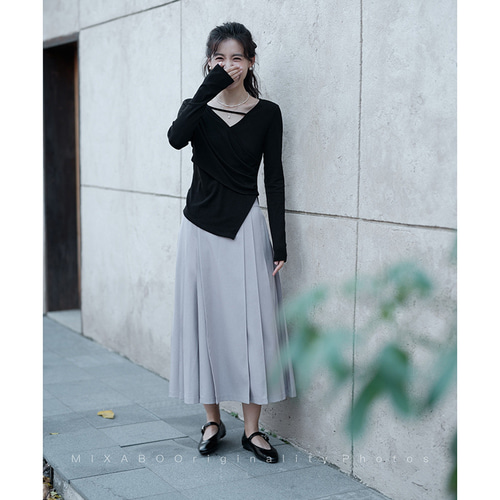 Vネック長袖Tシャツ クロス伸縮性ありTシャツ コットン混紡個性Tシャツ