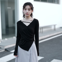 Vネック長袖Tシャツ クロス伸縮性ありTシャツ コットン混紡個性Tシャツ