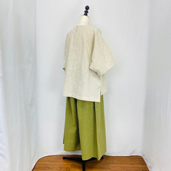 【遠州織物】ストレスフリーワイドパンツ（短丈）逆スラブストライプ　薄手　グリーン系　オーガニックコットン 6枚目の画像