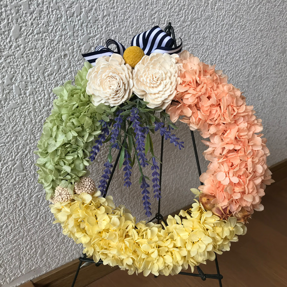 《母の日＊早割》プリザーブドアジサイとラベンダーの明るいリース28cm（1点限定＊値下げしました） 5枚目の画像