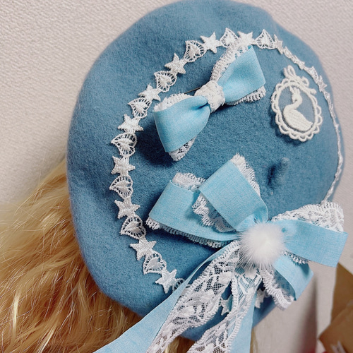 ウール 暖かい ブルー スワンレース リボン ウールベレー帽 デート