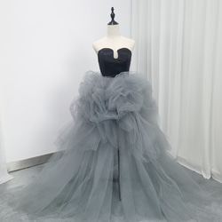 送料無料！カラードレス  アシメドレス ブルーグレー ベアトップ  チュールスカート  前撮り 1枚目の画像