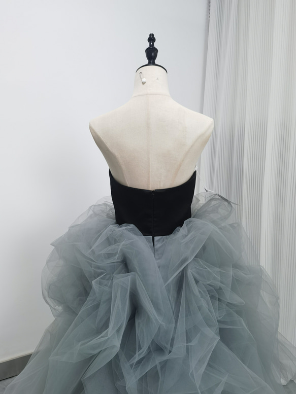 送料無料！カラードレス  アシメドレス ブルーグレー ベアトップ  チュールスカート  前撮り 5枚目の画像