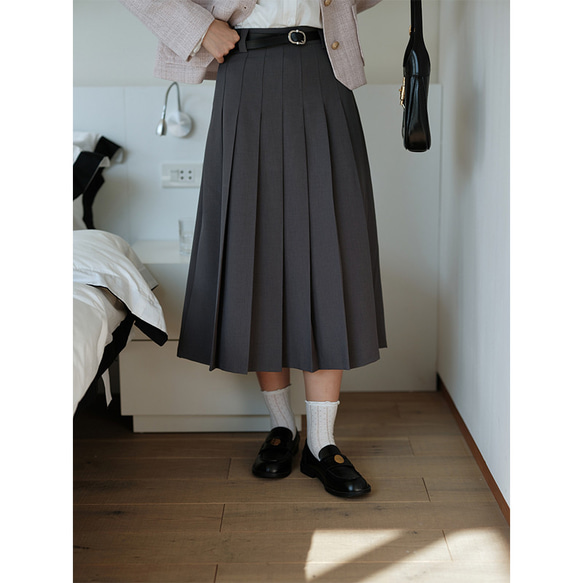 プリーツスカート　シンプルプリーツスカート　グレーとカーキ2色　裏地付きS-XL　S220 3枚目の画像