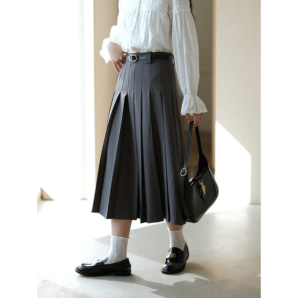 プリーツスカート　シンプルプリーツスカート　グレーとカーキ2色　裏地付きS-XL　S220 2枚目の画像