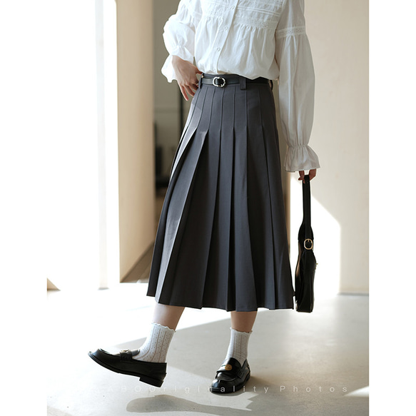 プリーツスカート　シンプルプリーツスカート　グレーとカーキ2色　裏地付きS-XL　S220 7枚目の画像