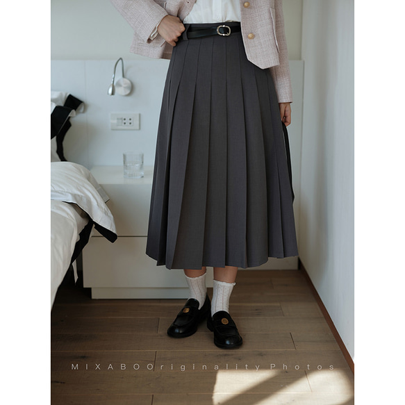 プリーツスカート　シンプルプリーツスカート　グレーとカーキ2色　裏地付きS-XL　S220 10枚目の画像