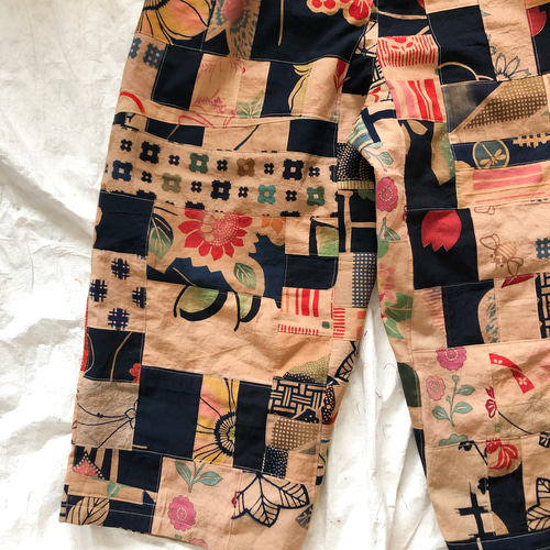 柿渋染め ランダムパッチワーク ワイドパンツ ゆったりズボン  