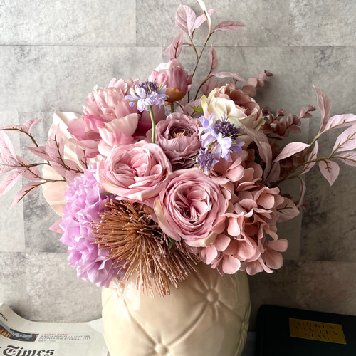 ピンク系アートフラワーブーケ アーティフィシャルフラワー ブーケ インテリア オレンジレッド 花束