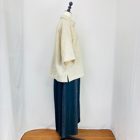 【遠州織物】ストレスフリー ワイドパンツ 短丈 逆スラブ ストライプ 織物 オーガニックコットン 黒系 6枚目の画像