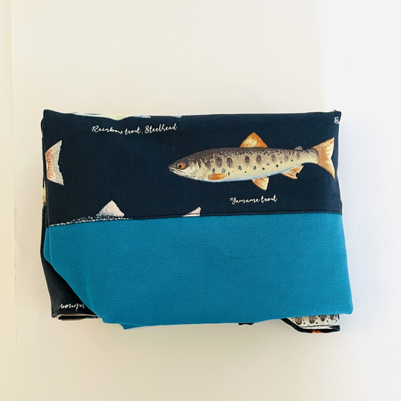 大きめサイズ　淡水魚レッスンバック　濃紺/11号帆布セルビアンブルー切替　35×45 ループからバッグ底35cm対応 12枚目の画像