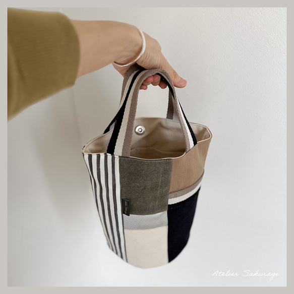 〈一点もの〉cut cloth bag バケツトート/beige & black 3枚目の画像