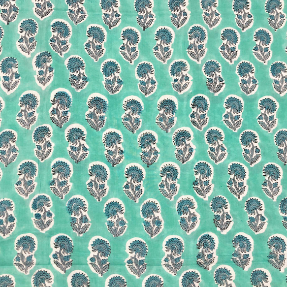 【50cm単位】グリーンブルースモールフラワー　インド　ハンドブロックプリント生地  コットン 3枚目の画像