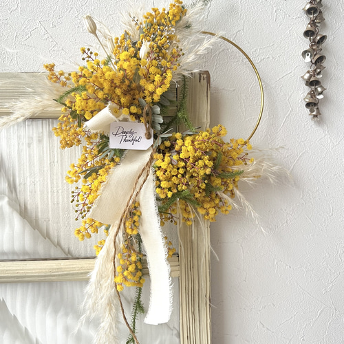fundan mimosa wreath 〜 ミモザのアレンジリース 壁掛け 春のリース 