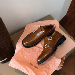 ムートン版~高級感のある彫刻フラワーブロッキング革靴レディース本革厚底楽福靴 A115 3枚目の画像