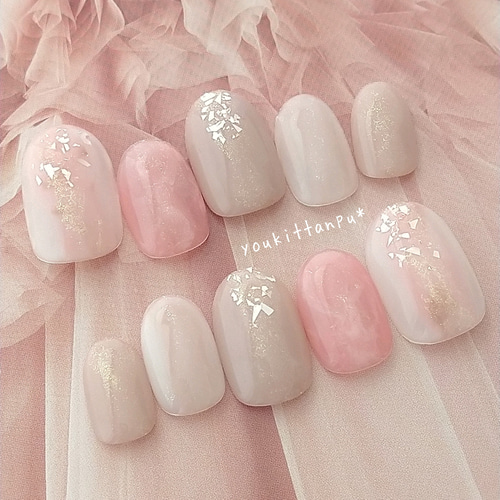 大人ピンクのシンプルニュアンスネイル＊ネイルチップ つけ爪 短め