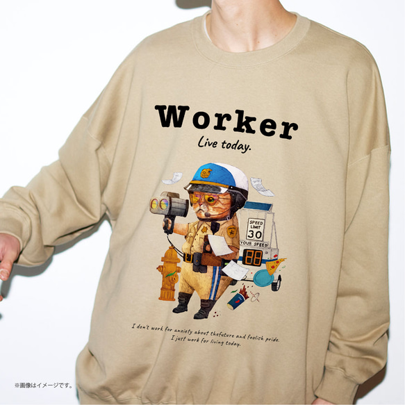 「WORKER 働くネコ。」リラックス スウェットシャツ/送料無料 1枚目の画像