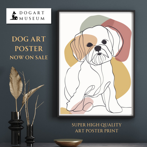 【犬と線 - マルチーズ犬 No.3】モダンアートポスター ラインアート 犬の絵 犬の絵画 犬のイラスト 1枚目の画像