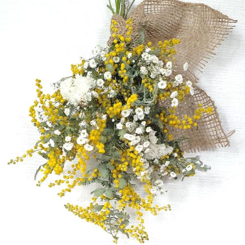 たっぷりミモザとかすみ草のナチュラルドライフラワースワッグ 花束  
