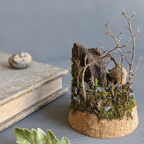 キノコの森と小さな家 ドライフラワー/ガラスドーム/ミニチュア