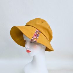Sサイズ 小さい 小柄な人のつば広帽子:マスタードイエロー 黄色 サイズ調整付き 刺繍りぼん 春 母の日 プレゼント 1枚目の画像