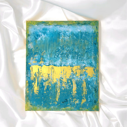 テクスチャーアート（27.3×22㎝）抽象画　アートパネル　モダン　インテリア　グリーン×ゴールド　ポスター 1枚目の画像