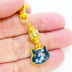 ブルーキャットスターキーホルダー ゴールドカラー 青い猫フェイスに星を散りばめたキーホルダー メタルビーズ 3枚目の画像