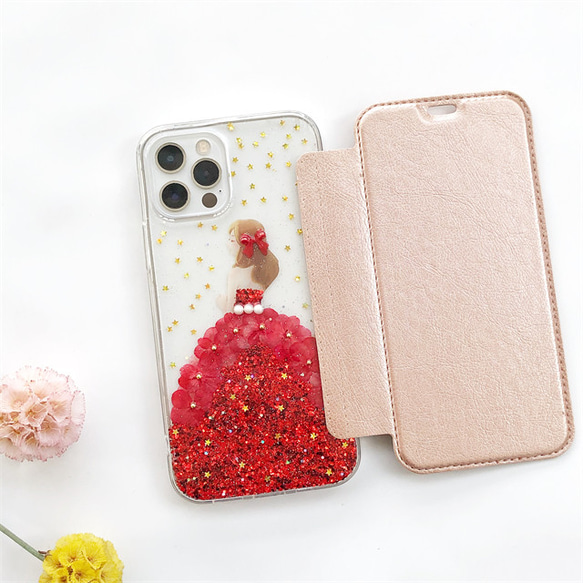 赤いドレス 押し花 【手帳型スマホケース】 iPhoneケース iPhone15Pro 