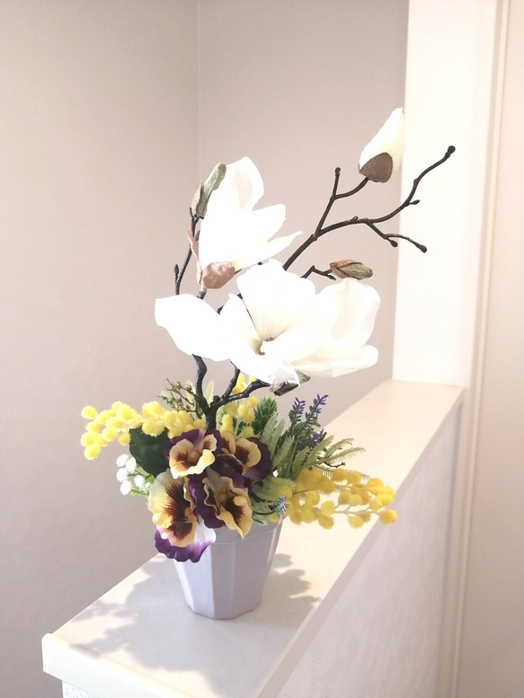 木蘭 Kobushi 木蘭春天枝條日本現代佈置三色堇含羞草 第1張的照片