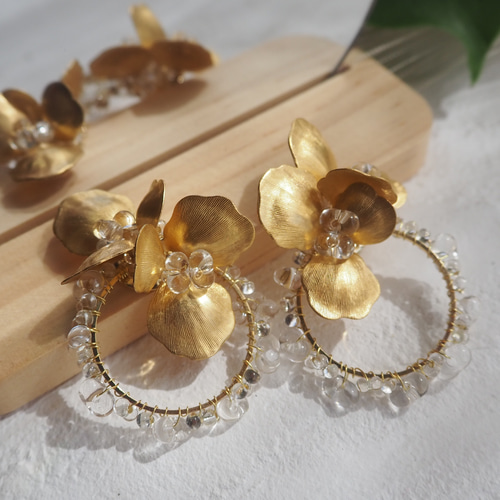 結婚式・お呼ばれに】真鍮フラワーリング ピアス/イヤリング ピアス  