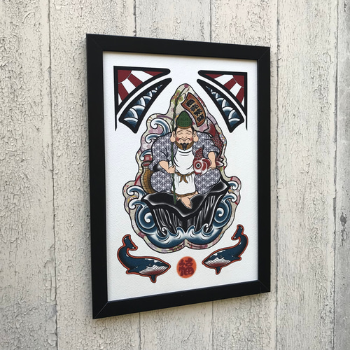 尾九 吉祥画 七福神 恵比寿天 A4サイズ 簡易フレーム付き イラスト