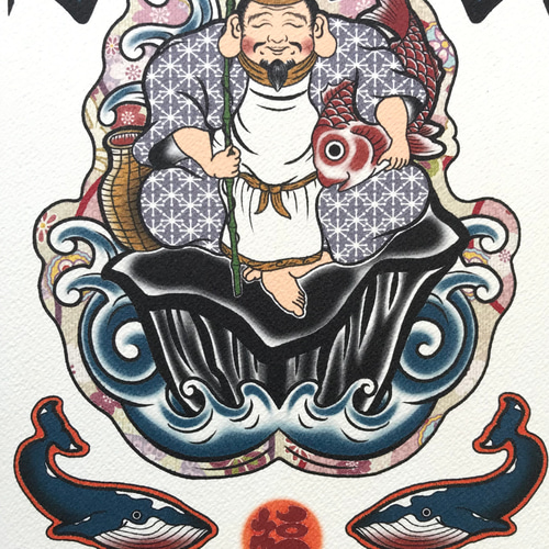 尾九 吉祥画 七福神 恵比寿天 A4サイズ 簡易フレーム付き イラスト