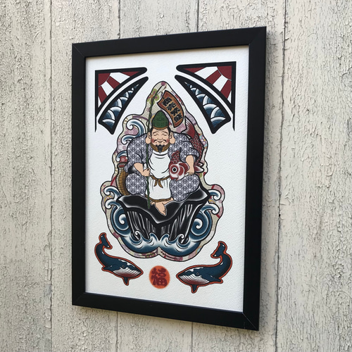 尾九 吉祥画 七福神 恵比寿天 A4サイズ 簡易フレーム付き イラスト