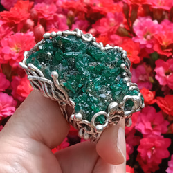 翠銅礦原礦手工銀戒純銀戒指 ~「翠」~  Dioptase Mineral Silver Ring 第7張的照片