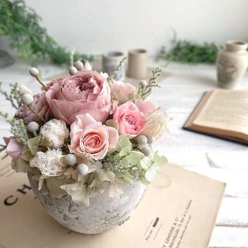 プリザーブドフラワー　くすみピンク　アレンジメント　くすみカラー くすみピンク&モーヴカラーフラワーガーデン＊お部屋に作る薔薇の庭