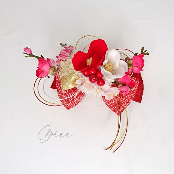 一点限定】リボンのバレッタ 椿と梅と桜 アーティフィシャルフラワー  