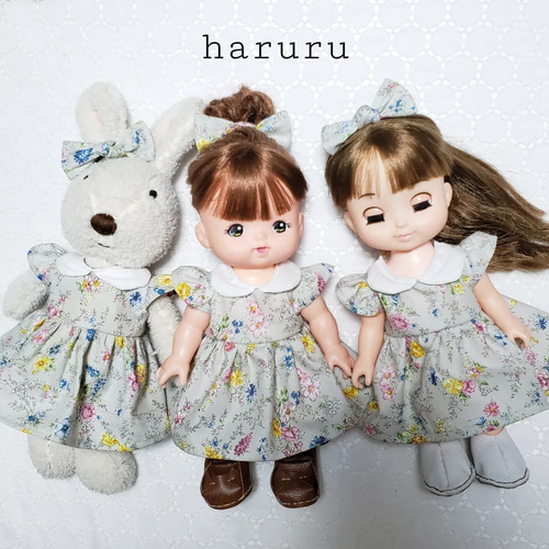 ソランちゃんの服 グレー花柄襟付きワンピース&ヘアゴム レミンちゃん