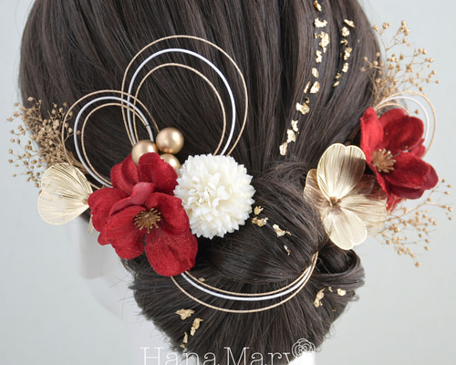 【12時間のみ使用、和装、ヘアアクセサリー】水引き付き　卒業式　成人式　結婚式 水引アレンジ 袴 ドライフラワー 卒業式 成人式 髪飾り ゴールド