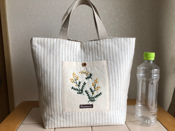 リネントートバッグ　☆ミモザの刺繡 7枚目の画像