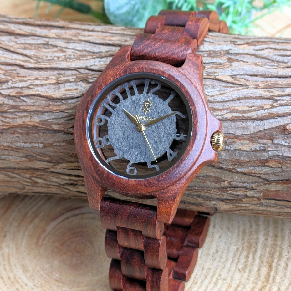 【木製腕時計】EINBAND Freiheit レッドサンダルウッド サンダルウッド文字盤 スケルトン 34mm