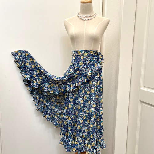 フラメンコ衣装 巻きスカート 青×黄色花柄 ロングスカート