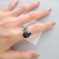 【天然石リング】ブラックオニキス × ブルーコッパーターコイズ 指輪 フォークリング 11枚目の画像