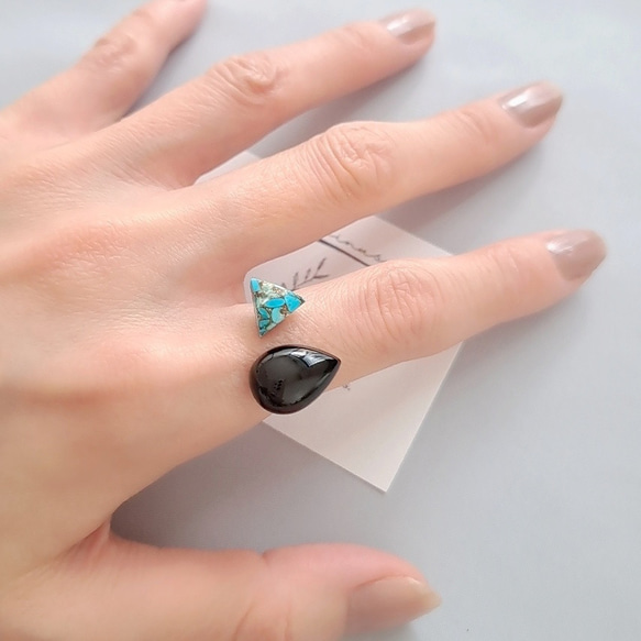 【天然石リング】ブラックオニキス × ブルーコッパーターコイズ 指輪 フォークリング 11枚目の画像