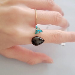 【天然石リング】ブラックオニキス × ブルーコッパーターコイズ 指輪 フォークリング 12枚目の画像
